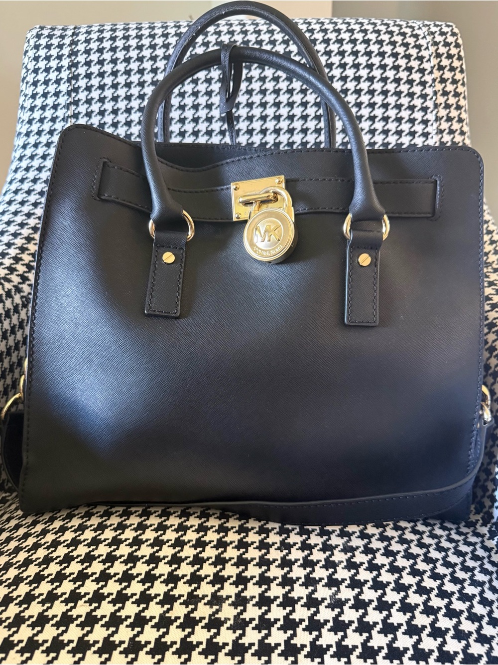 Michael Kors Black Saffiano Leather Satchel with Gold Hardware